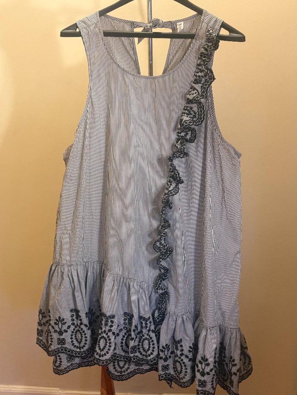 BP Striped Ruffle Dress with Embroidered Hem